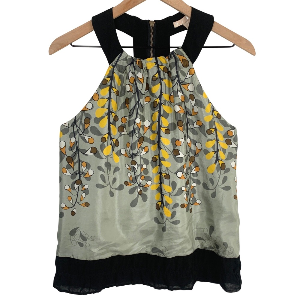 HYPE 100% Silk Floral Vine Print Racerback Halter Top Sz M Green Black 7550524